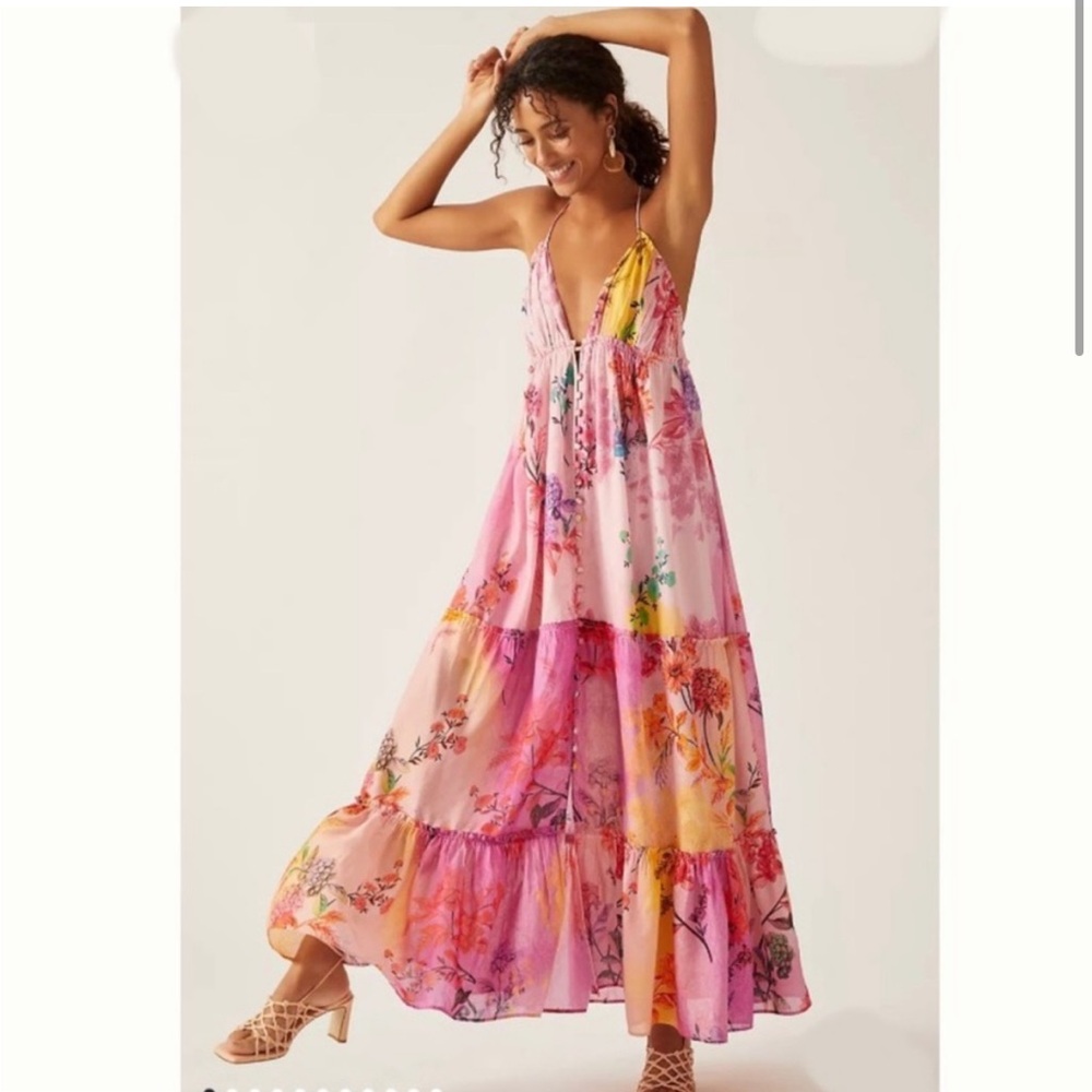 Anthropologie Pink Floral Maxi Dress